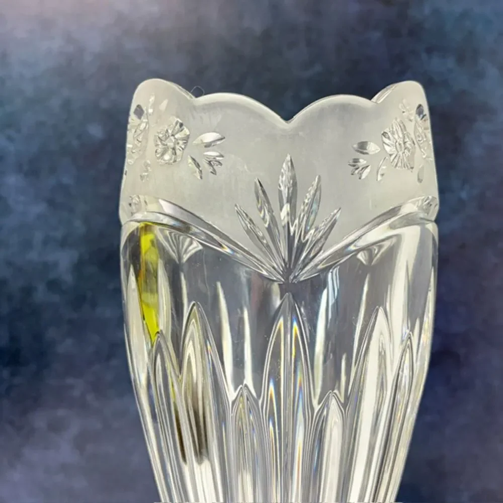 Heavy Clear Glass Vase Frosted Roses Scalloped Rim 10 in 4.3 lb